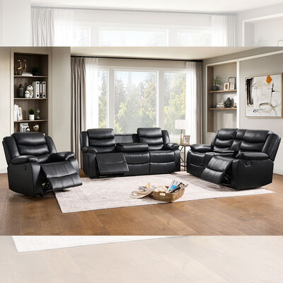 Recliner Sofa set with Dropdown Table and Storage Box, Black Leatherette