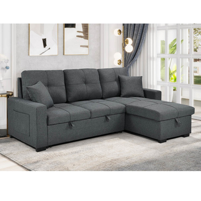 Divano da letto a forma di L, con letto e deposito, in tessuto grigio neutro