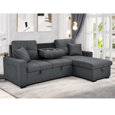 Divano da letto a forma di L, con letto e deposito, in tessuto grigio neutro