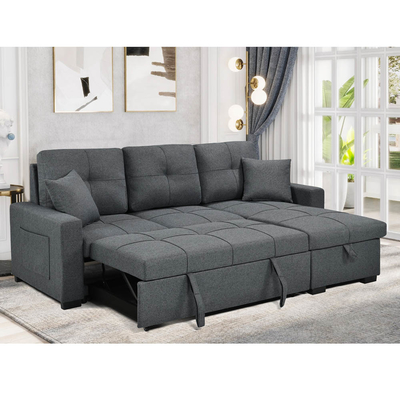 Divano da letto a forma di L, con letto e deposito, in tessuto grigio neutro