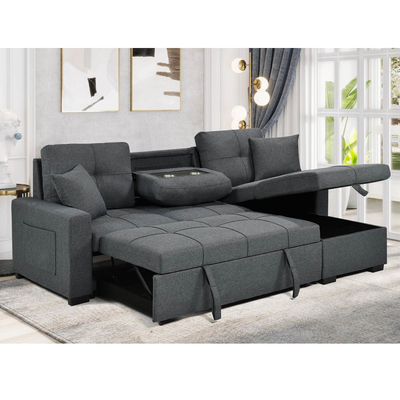 Divano da letto a forma di L, con letto e deposito, in tessuto grigio neutro