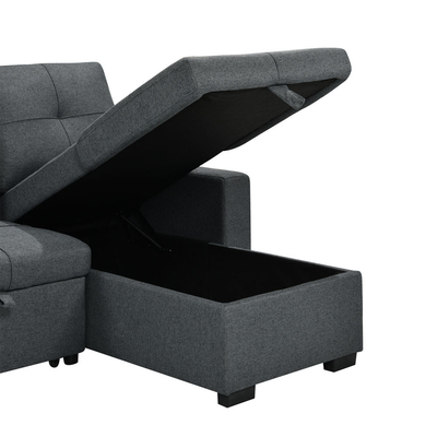 Divano da letto a forma di L, con letto e deposito, in tessuto grigio neutro