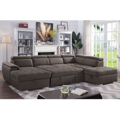Divano da letto a sezione a forma di U con letto e deposito traslocabili Sedia salotto e poggiatesta regolabili, tessuto Nubuck marrone cenere