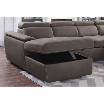 Divano da letto a sezione a forma di U con letto e deposito traslocabili Sedia salotto e poggiatesta regolabili, tessuto Nubuck marrone cenere
