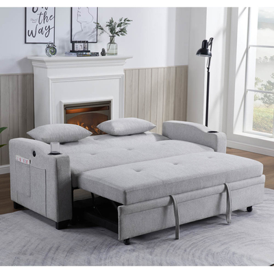 Letto divano convertibile Queen Size, comodo letto estraibile con schienale regolabile e porta di ricarica USB e portacoppe, Letto divano Futon, tessuto grigio