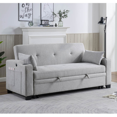 Letto divano convertibile Queen Size, comodo letto estraibile con schienale regolabile e porta di ricarica USB e portacoppe, Letto divano Futon, tessuto grigio