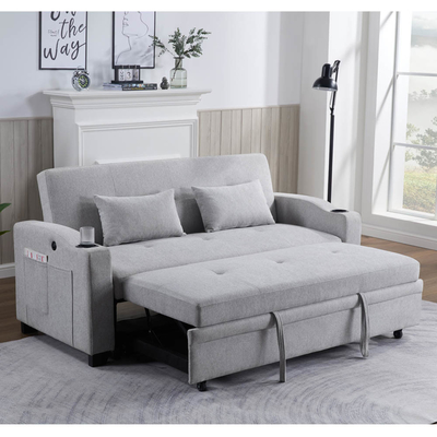 Letto divano convertibile Queen Size, comodo letto estraibile con schienale regolabile e porta di ricarica USB e portacoppe, Letto divano Futon, tessuto grigio