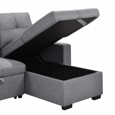 Divano da letto a forma di L, riversibile, a sezione, con letto e deposito, in tessuto grigio