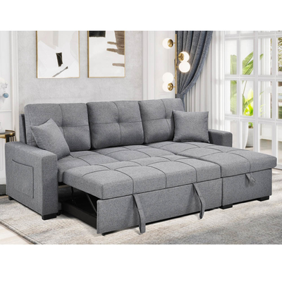 Divano da letto a forma di L, riversibile, a sezione, con letto e deposito, in tessuto grigio