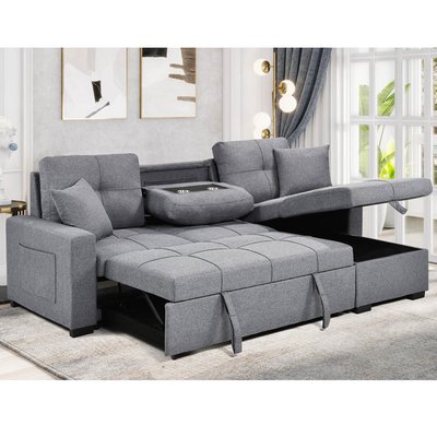 Divano da letto a forma di L, riversibile, a sezione, con letto e deposito, in tessuto grigio