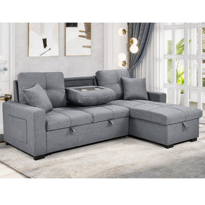 Divano da letto a forma di L, riversibile, a sezione, con letto e deposito, in tessuto grigio