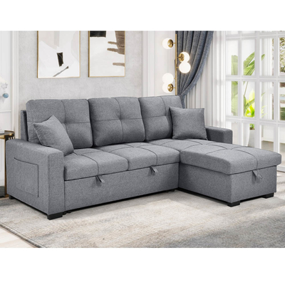 Divano da letto a forma di L, riversibile, a sezione, con letto e deposito, in tessuto grigio