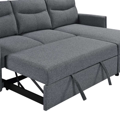 Divano da letto a forma di L, con letto e deposito, in tessuto grigio neutro