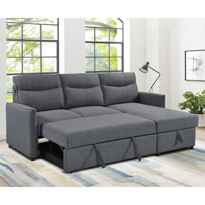 Divano da letto a forma di L, con letto e deposito, in tessuto grigio neutro