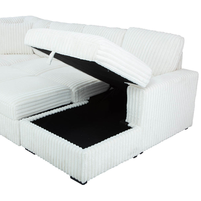 Divano da letto a sezione a forma di U con letto estraibile e portaposti salotto e porta di ricarica USB, tessuto in corduroy beige