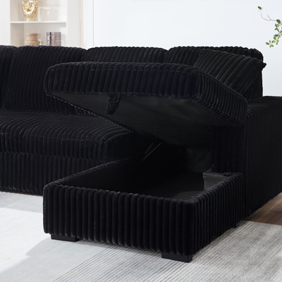 Divano a sezione a forma di U con letto e portaposti, sedile e porta di ricarica USB, tessuto in corduroy nero