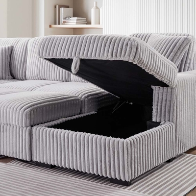Divano da letto a sezione a forma di U con letto trascinante e portaposti salotto e porta di ricarica USB, tessuto grigio in corduroy
