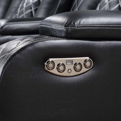 Divano d'angolo Power Recliner con 2 sedili Power Recliner e 2 poggiatesta Power e scatola di stoccaggio e braccia di stoccaggio e luce LED, pelle nera traspirante