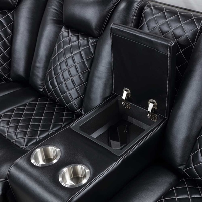 Divano d'angolo Power Recliner con 2 sedili Power Recliner e 2 poggiatesta Power e scatola di stoccaggio e braccia di stoccaggio e luce LED, pelle nera traspirante