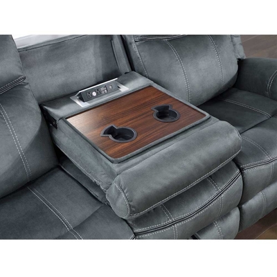 Set di divani reclinabile con tavolo a discesa e cassetto e scatola di stoccaggio, vinile grigio simile a tessuto