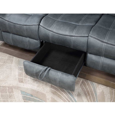 Set di divani reclinabile con tavolo a discesa e cassetto e scatola di stoccaggio, vinile grigio simile a tessuto