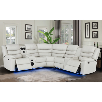Divano d'angolo Power Recliner con 2 sedili Power Recliner e scatola di archiviazione e altoparlante audio Bluetooth e luce LED, pelle beige traspirante