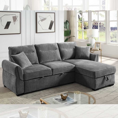 Divano da letto a forma di L con letto e deposito, in ciniglia grigio scuro