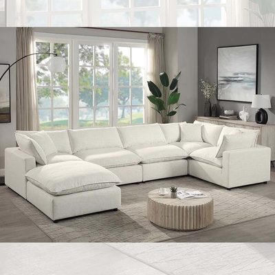 Divano modulare a sezione con cuscino e cuscini per sedute a miscela di piume, biancheria beige