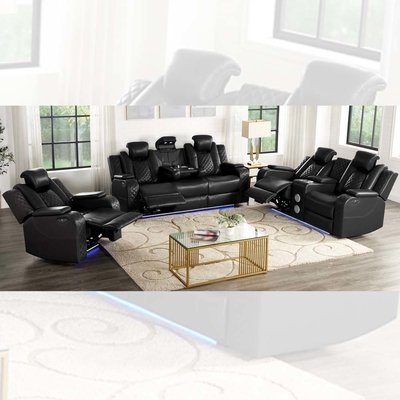 Divano Power Recliner set con sedili Power Recliner e poggiatesta Power e tavolo a discesa e altoparlante audio Bluetooth e scatola di archiviazione e braccia di archiviazione e luce LED, pelle nera traspirante