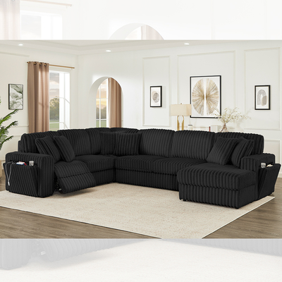 Set di divani reclinabile con portatavola nascosta e caricabatterie wireless, tessuto nero in corduroy