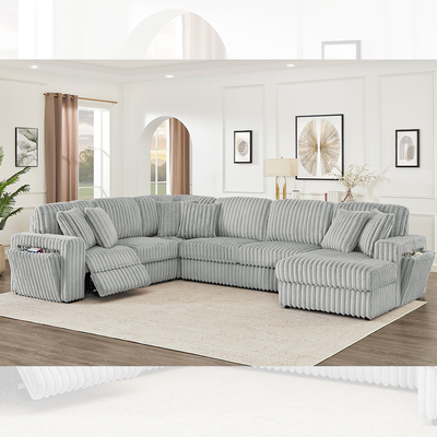 Set di divani reclinabile con portatavola nascosta e caricabatterie wireless, tessuto grigio in corduroy