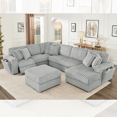 Set di divani reclinabile con portatavola nascosta e caricabatterie wireless, tessuto grigio in corduroy