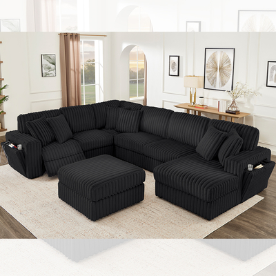Set di divani reclinabile con portatavola nascosta e caricabatterie wireless, tessuto nero in corduroy