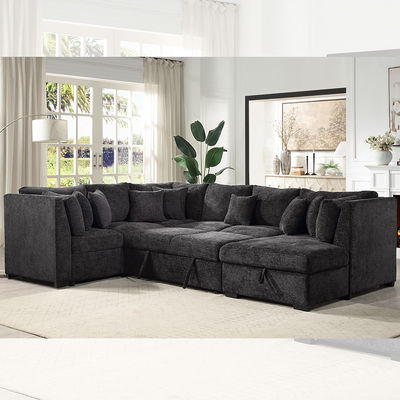 Divano letto componibile a forma di U con letto estraibile e chaise longue contenitore, tessuto nero