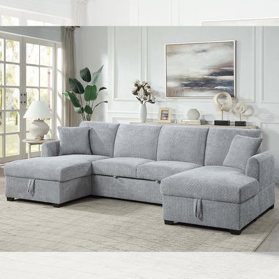 Divano letto componibile a forma di U con letto estraibile e chaise longue contenitore, tessuto sherpa grigio