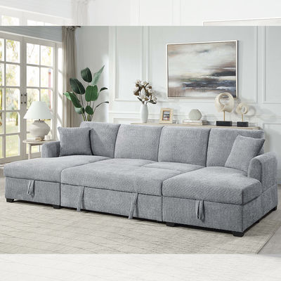 Divano letto componibile a forma di U con letto estraibile e chaise longue contenitore, tessuto sherpa grigio