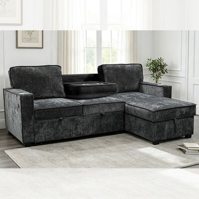 Divano letto componibile reversibile a L con letto estraibile, tavolino ribaltabile e contenitori, ciniglia nero antracite