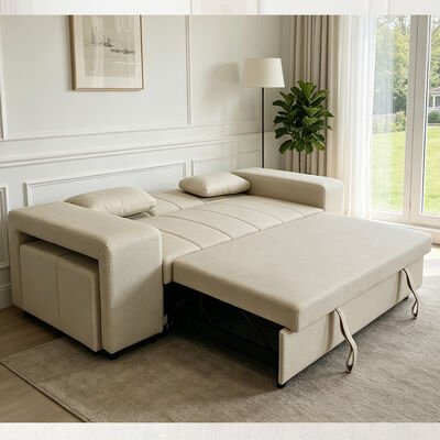 Letto divano convertibile Queen Size, comodo letto trascinante con schienale regolabile, braccio con ottomani, cuoio beige tech