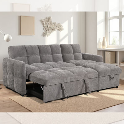 Divano a sezione a forma di L con letto estraibile e schienale regolabile e sedia da letto, tessuto grigio
