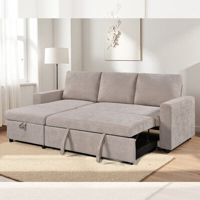 Divano da letto a forma di L, con letto e deposito, in tessuto beige