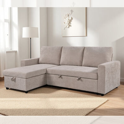 Divano da letto a forma di L, con letto e deposito, in tessuto beige