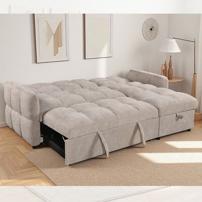 Divano letto a sezione a forma di L con letto estraibile e schienale regolabile e sedia da letto, di tessuto beige
