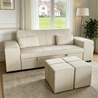 Letto divano convertibile Queen Size, comodo letto trascinante con schienale regolabile, braccio con ottomani, cuoio beige tech