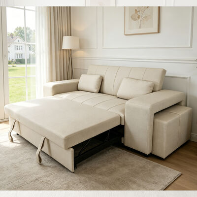 Letto divano convertibile Queen Size, comodo letto trascinante con schienale regolabile, braccio con ottomani, cuoio beige tech