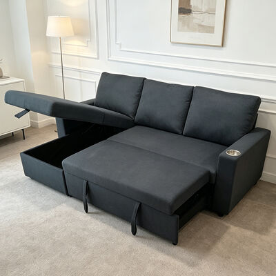 Divano da letto a forma di L con letto e deposito, in tessuto grigio scuro