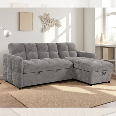 Divano a sezione a forma di L con letto estraibile e schienale regolabile e sedia da letto, tessuto grigio