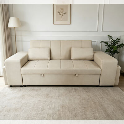 Letto divano convertibile Queen Size, comodo letto trascinante con schienale regolabile, braccio con ottomani, cuoio beige tech