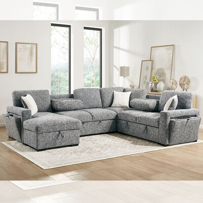Divano letto componibile a forma di U con letto estraibile e tavolo a ribalta, chaise longue portaoggetti, divanetto portaoggetti e portabicchieri, tessuto blu scuro