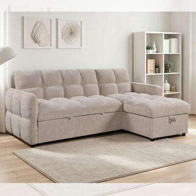 Divano letto a sezione a forma di L con letto estraibile e schienale regolabile e sedia da letto, di tessuto beige