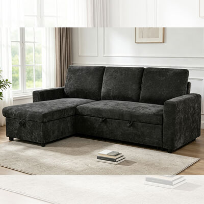 Divano da letto a forma di L con letto e deposito, in tessuto grigio carbone